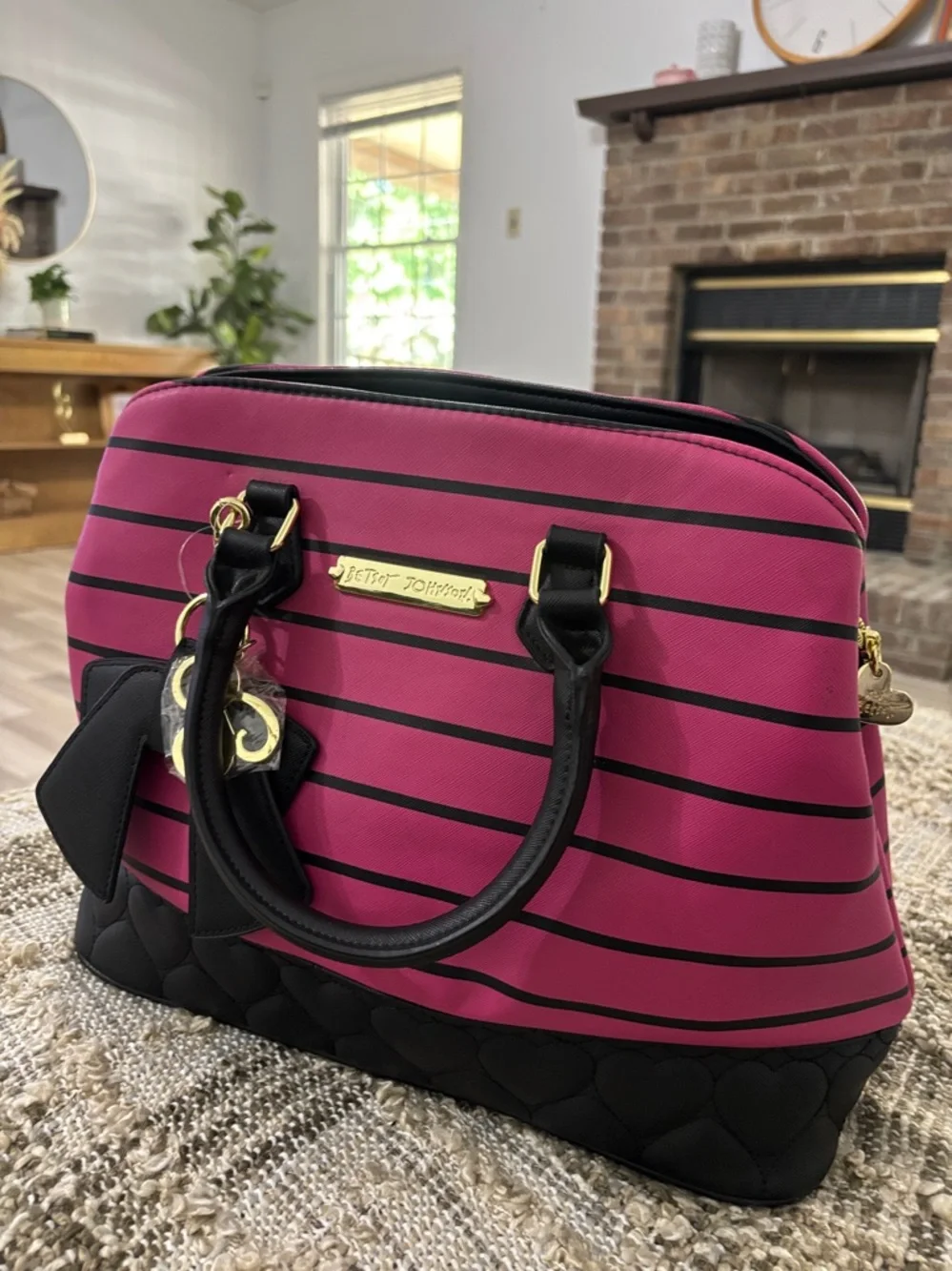 Betsey Johnson Pink and Black Striped‎ Satchel with Bow Charm Shoulder Bag NWOT